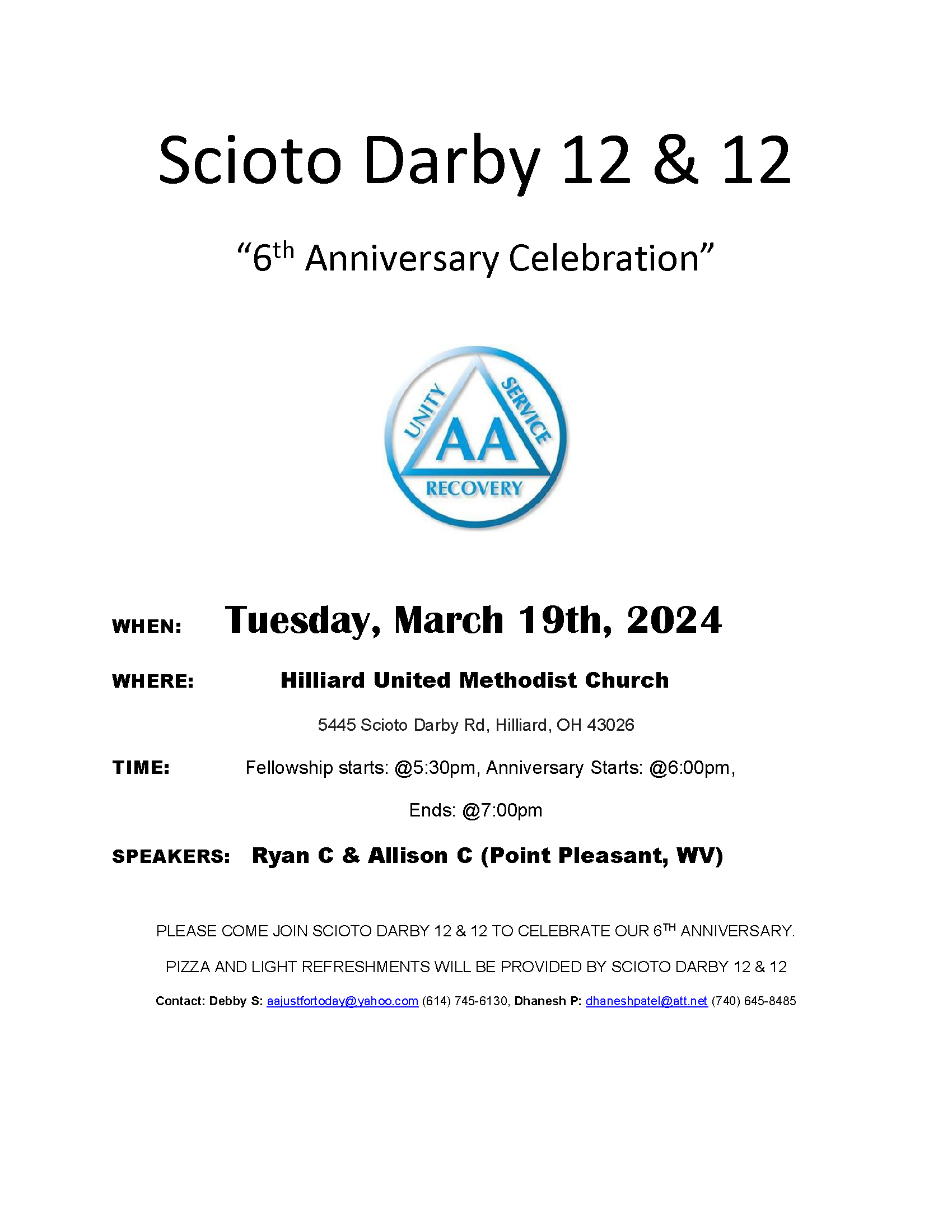 Scioto Darby 12&12 6th Anniversary March 19 2024