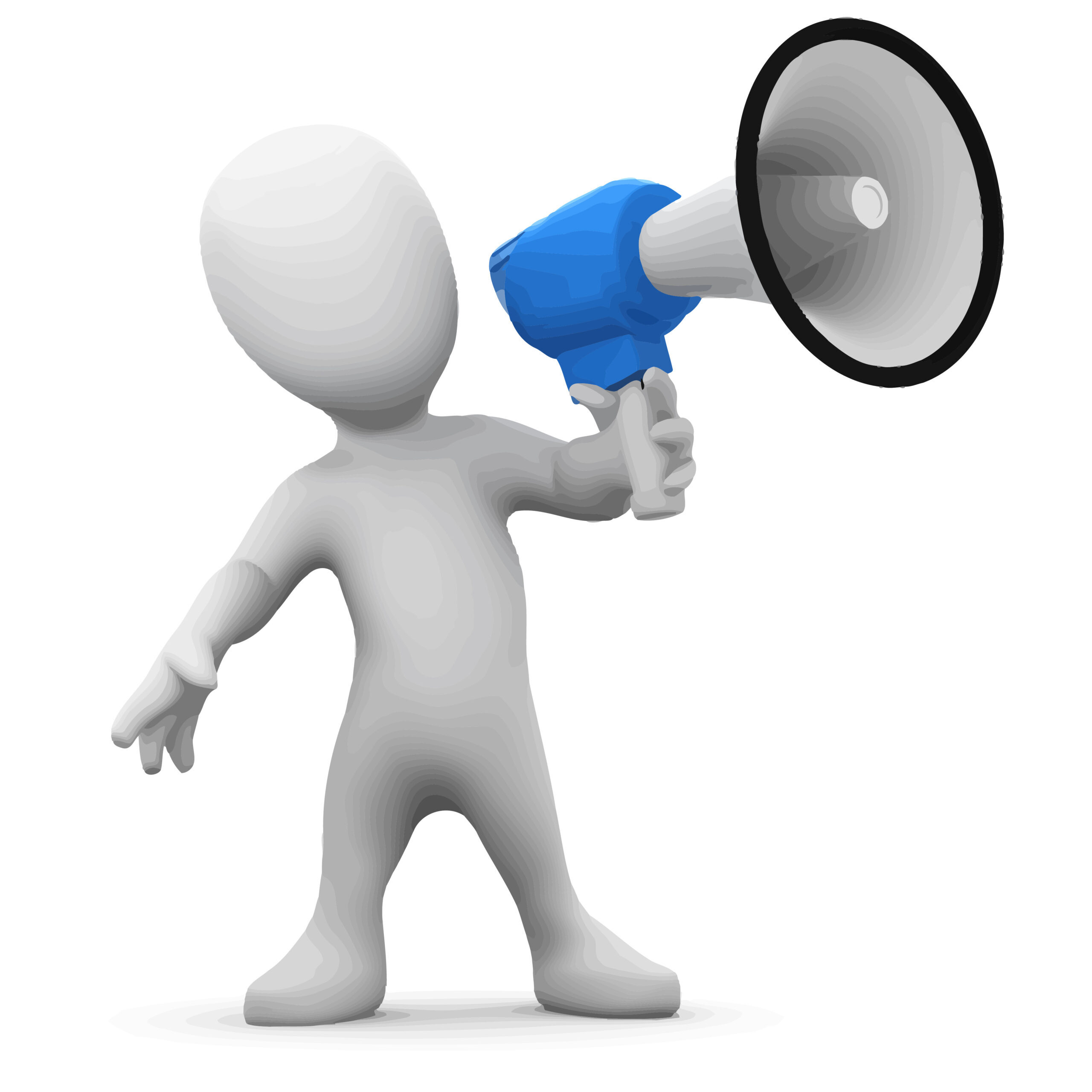 3d render of a little person holding a large megaphone